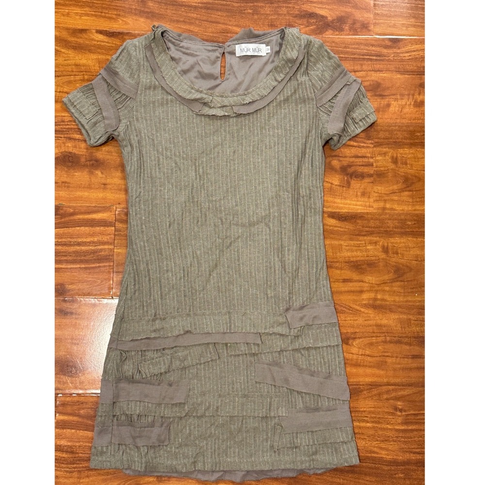 Anthropologie Mur Mur Artsy Light Brown Olive Stretch Knit Short Dress Tunic M
